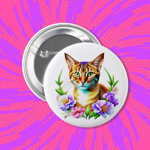 Petals and Purr Cute Cat and Pretty Flowers 6 Cm Round Badge