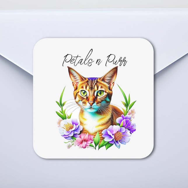 Petals and Purr Cute Cat and Pretty Flowers Square Sticker (Creator Uploaded)