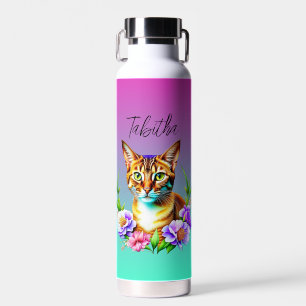 Petals and Purr Cute Cat and Pretty Flowers Water Bottle