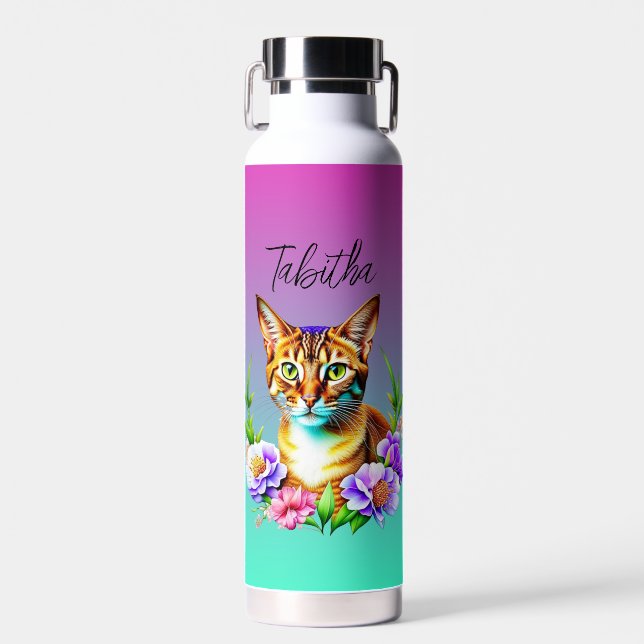 Petals and Purr Cute Cat and Pretty Flowers Water Bottle (Front)