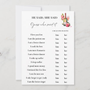 Petals he said she said Bridal shower Game Card