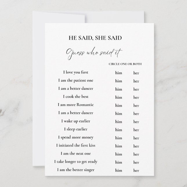 Petals he said she said Bridal shower Game Card (Front)