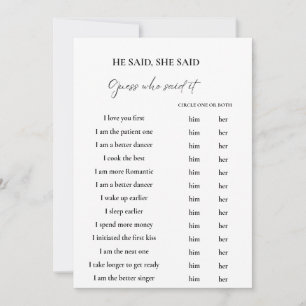 Petals he said she said Bridal shower Game Card