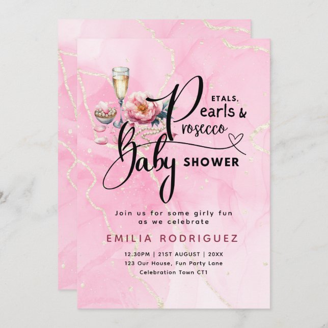 Petals Pearls Prosecco Baby Shower Invitation (Front/Back)