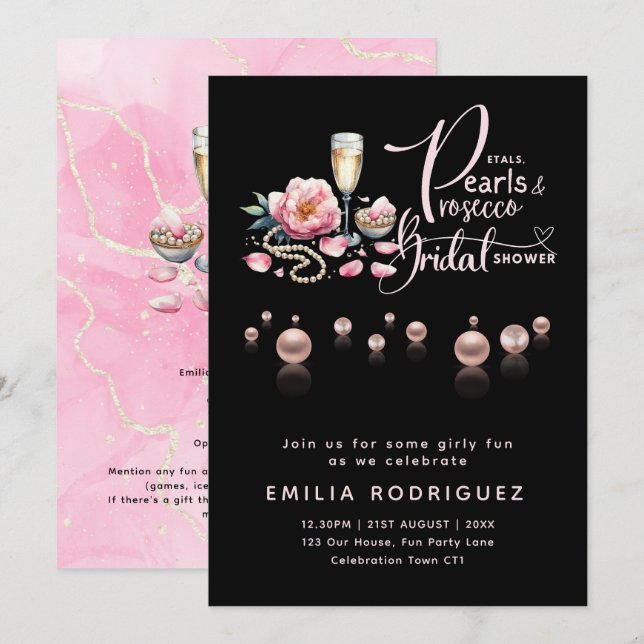 Petals Pearls Prosecco Bridal Shower Invitation (Front/Back)
