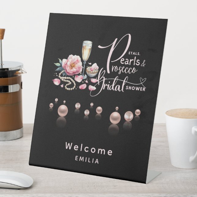 Petals Pearls Prosecco Favours Bridal Shower Pedestal Sign (In SItu)