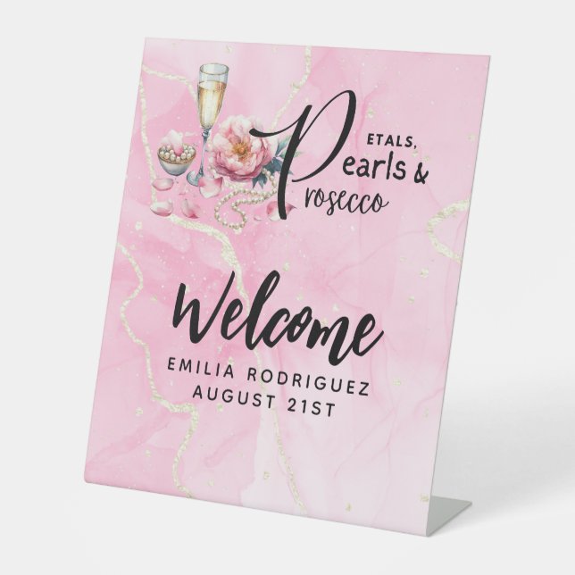 Petals Pearls Prosecco Favours Bridal Shower Pedestal Sign (Front)