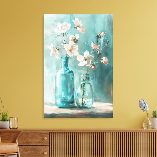 Petals & Porcelain: Farmhouse Rose Vase Watercolor Canvas Print (Insitu(LivingRoom))