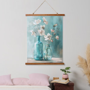 Petals & Porcelain: Farmhouse Rose Vase Watercolor Hanging Tapestry
