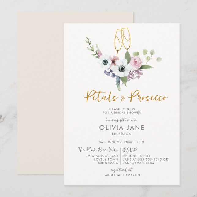 Petals Prosecco Anemones Gold Bubbly Bridal Shower Invitation (Front/Back)
