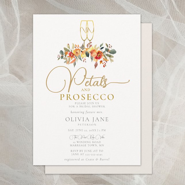 Petals Prosecco Autumn Gold Fall Bridal Shower Invitation (petals prosecco fall bridal shower invitation autumn gold leaves foliage floral elegant rustic boho)