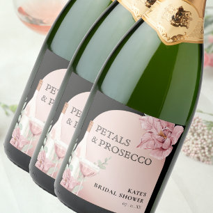 Petals & Prosecco Black & Rose Gold Bridal Shower Sparkling Wine Label