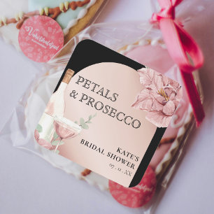 Petals & Prosecco Black & Rose Gold Bridal Shower Square Sticker