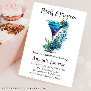 Petals & Prosecco Blue Floral Blush Bridal Shower  Invitation