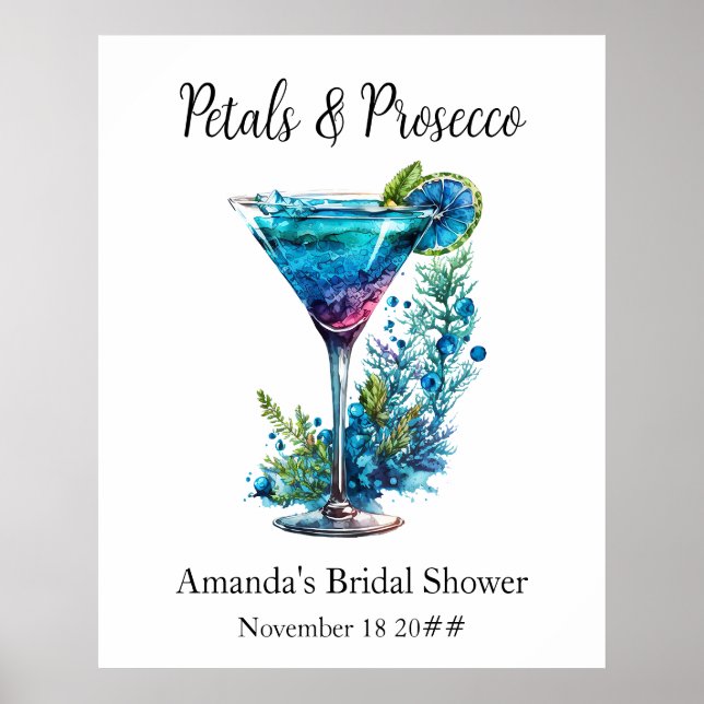 Petals & Prosecco Blue Floral Blush Bridal Shower  Poster (Front)