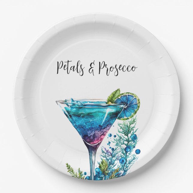 Petals & Prosecco Blue Floral Bridal Shower  Paper Plate (Front)