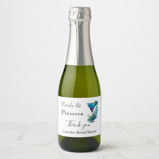 Petals & Prosecco Blue Floral Bridal Shower  Sparkling Wine Label (Front)