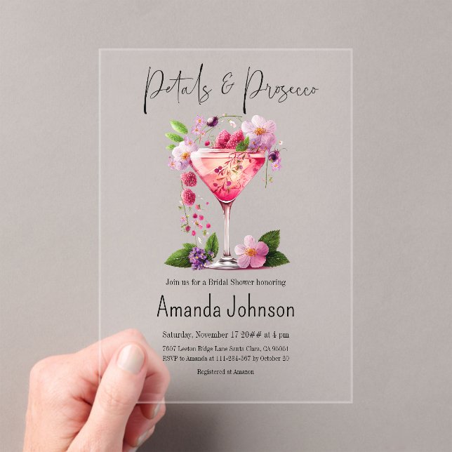 Petals & Prosecco Blush Pink Floral Bridal Shower Acrylic Invitations (Insitu (Handheld))
