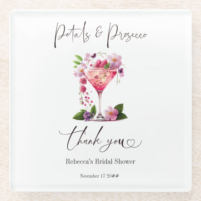 Petals & Prosecco Blush Pink Floral Bridal Shower Glass Coaster (Front)