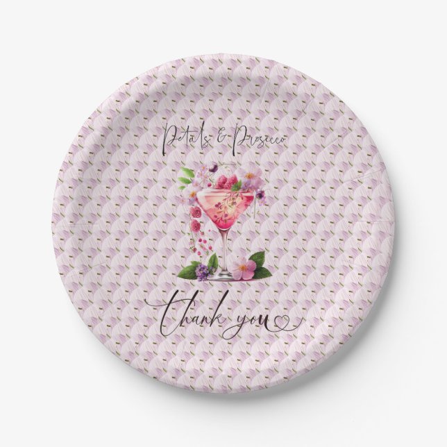 Petals & Prosecco Blush Pink Floral Bridal Shower Paper Plate (Front)