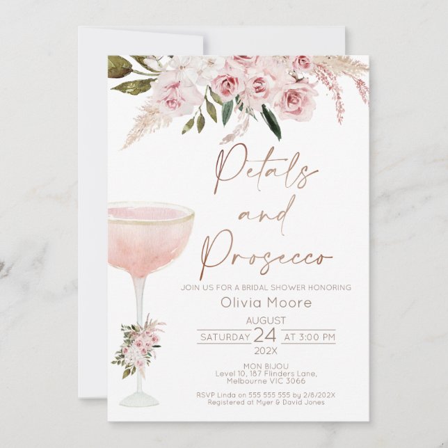 Petals Prosecco Boho Blush Floral Bridal Shower Invitation (Front)