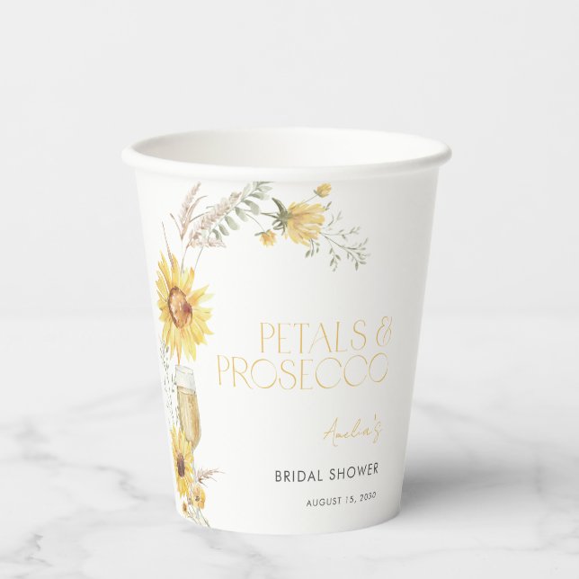 Petals & Prosecco Boho Sunflower Bridal Shower Paper Cups (Front)