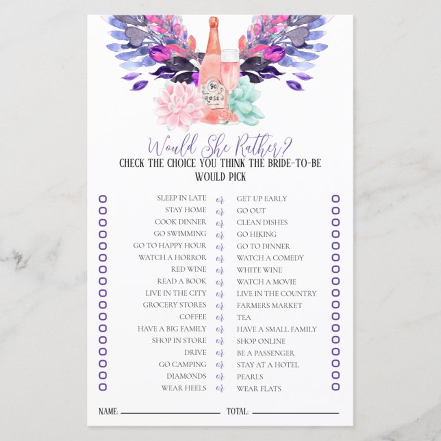 Petals & Prosecco Bridal Game Would She Rather (Front)