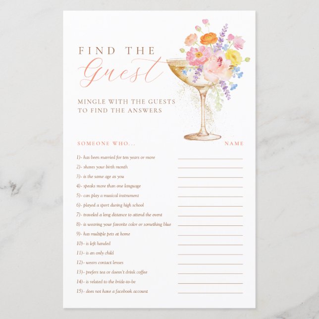 Petals & Prosecco Bridal Shower Find the Guest (Front)