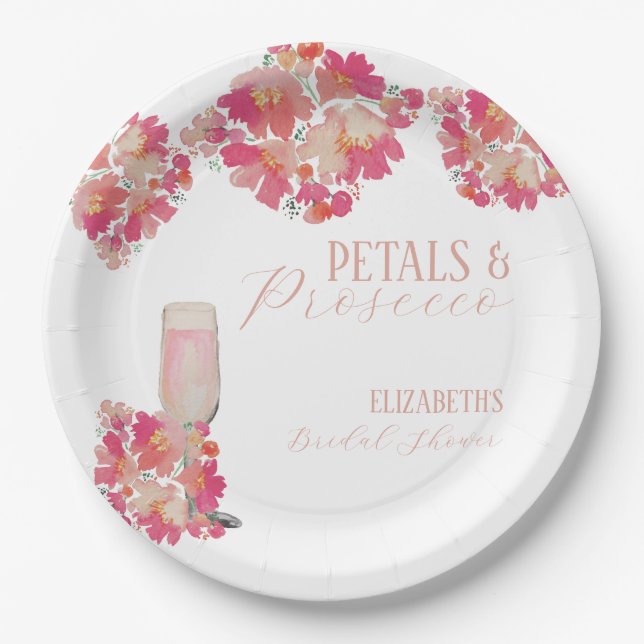 Petals & Prosecco Bridal Shower Floral Pink Paper Plate (Front)