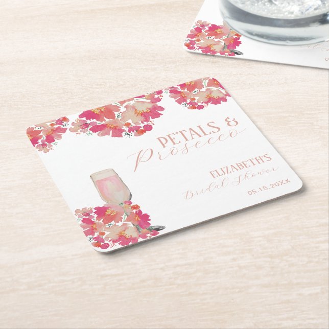 Petals & Prosecco Bridal Shower Floral Pink Square Paper Coaster (Angled)