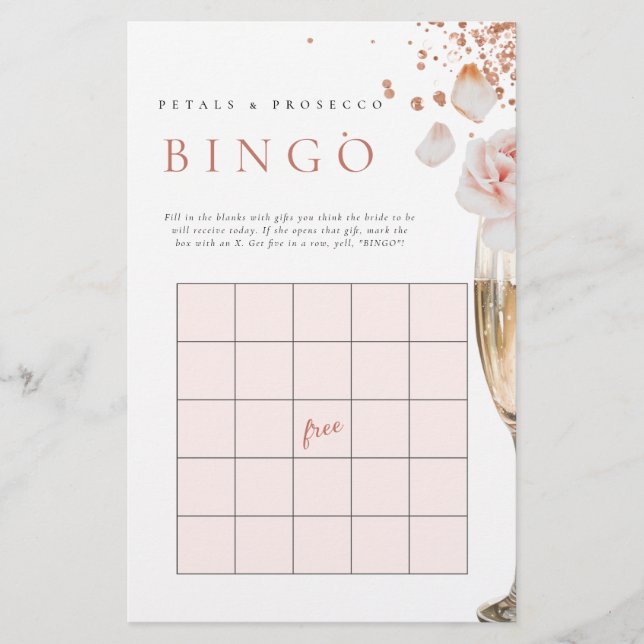 Petals & Prosecco Bridal Shower Gift Bingo Game Stationery (Front)