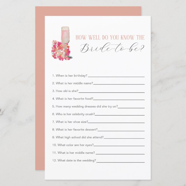 Petals & Prosecco Bridal Shower know the Bride (Front/Back)