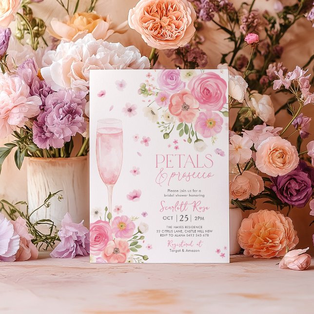 Petals Prosecco Bridal Shower Love In Bloom Purple Invitation (Petals and Prosecco Pink Purple Bridal Shower Invitation)