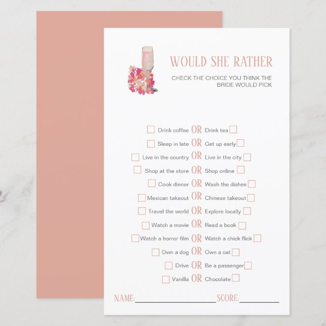 Petals & Prosecco Bridal Shower Would she rather (Front/Back)