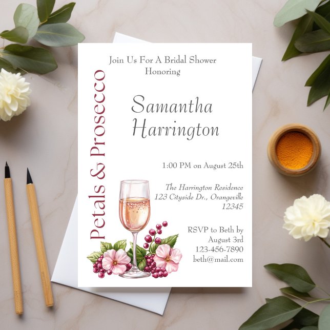 Petals & Prosecco Burgundy Bridal Shower  Invitation (Creator Uploaded)