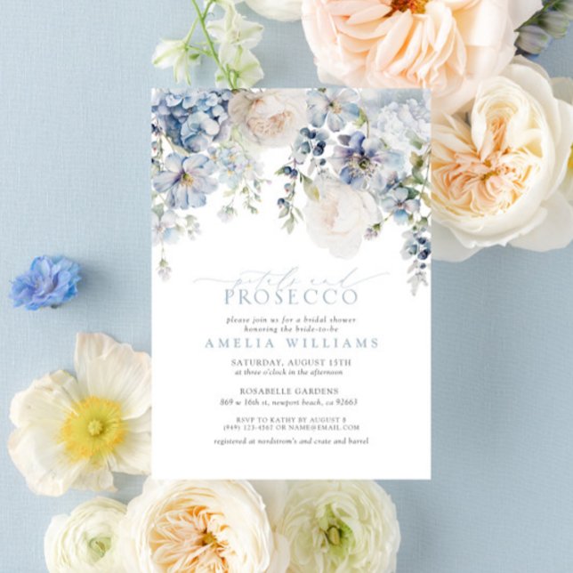 Petals & Prosecco Dusty Blue Floral Bridal Shower Invitation (Easily personalize this beautiful petals and Prosecco bridal shower invite for the perfect event!)