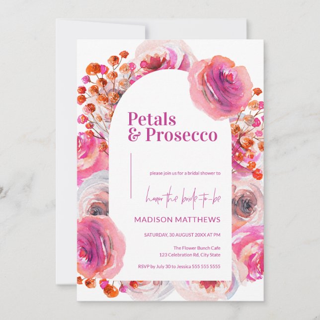 Petals & Prosecco Floral Arch Summer Bridal  Invitation (Front)