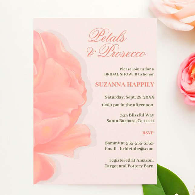 Petals & Prosecco Floral Blush Pink Bridal Shower Invitation (Petals and Prosecco Blush Pin Bridal Shower Invitations.)