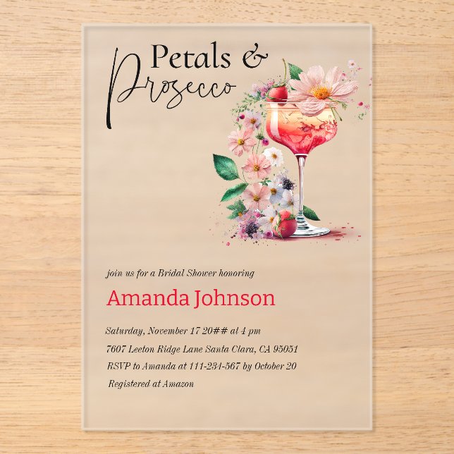 Petals & Prosecco Floral Bridal Shower Brunch Acrylic Invitations (Front)