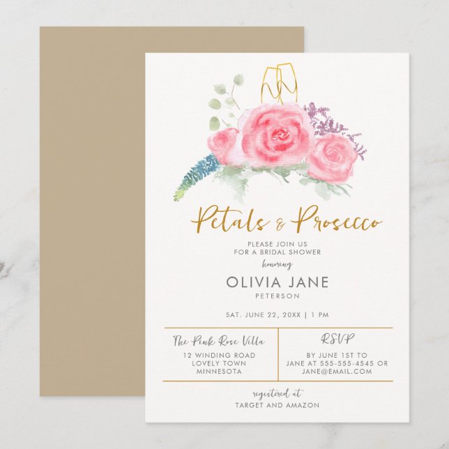 Petals Prosecco Floral Gold Bubbly Bridal Shower Invitation (Front/Back)