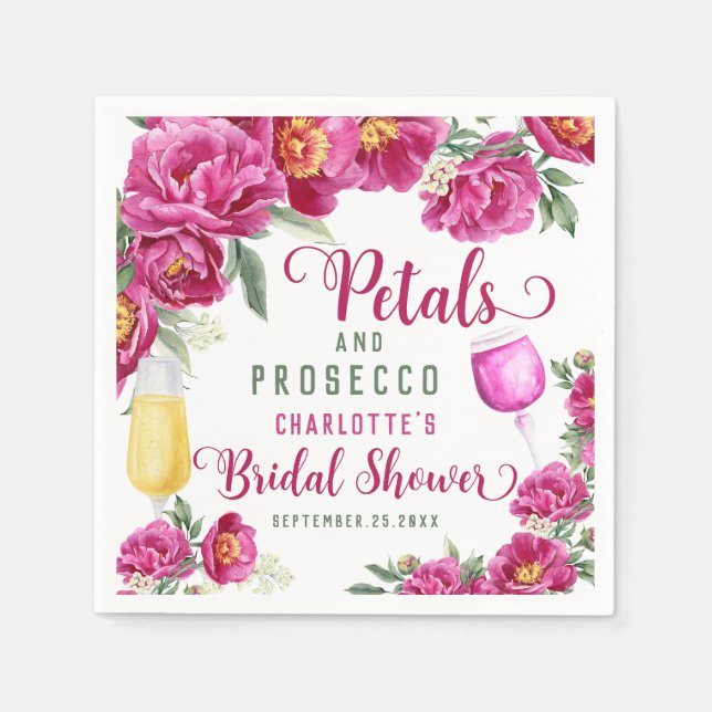 Petals & Prosecco Hot Pink Floral Bridal Shower Napkin (Front)
