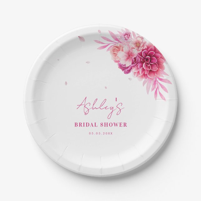 Petals & Prosecco Hot Pink Floral Bridal Shower Paper Plate (Front)