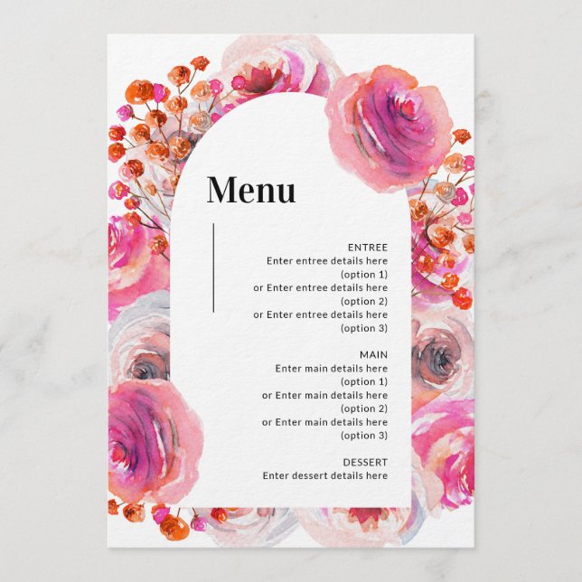 Petals & Prosecco Menu Bright Floral Arch Design (Front)