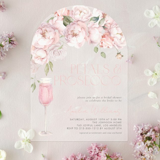 Petals & Prosecco Modern Pink Floral Bridal Shower Acrylic Invitations (Creator Uploaded)