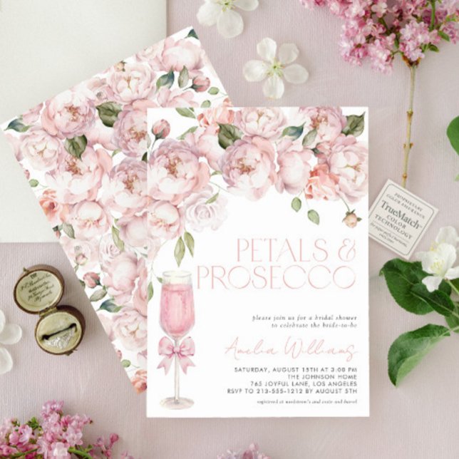 Petals & Prosecco Pink Bow Floral Bridal Shower Invitation (Creator Uploaded)