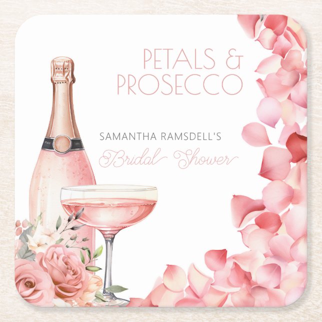 Petals & Prosecco Pink Bridal Shower Square Paper Coaster (Front)