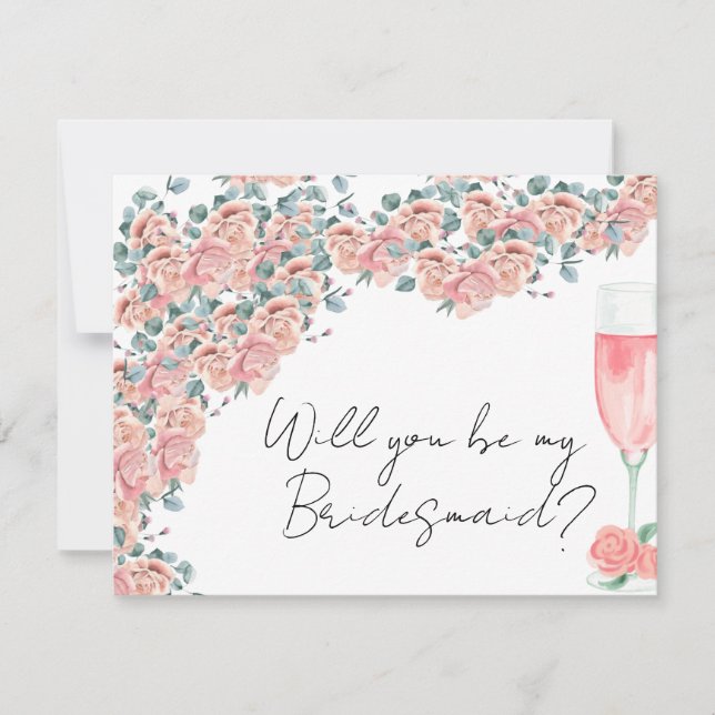 petals & prosecco pink floral bridesmaid proposal  card (Front)