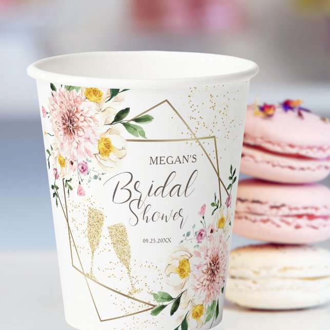 Petals & Prosecco Pink  Floral Gold Bridal Shower Paper Cups (Creator Uploaded)