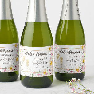 Petals & Prosecco Pink Floral Gold Bridal Shower Sparkling Wine Label