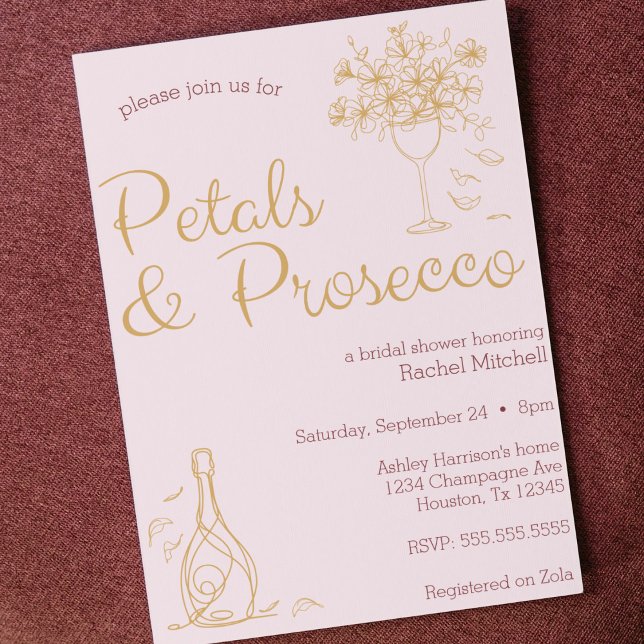 Petals & Prosecco Pink Line Art Bridal Shower Invitation (Petals and Prosecco bridal shower lingerie shower bachelorette party invitation pink invite line art)